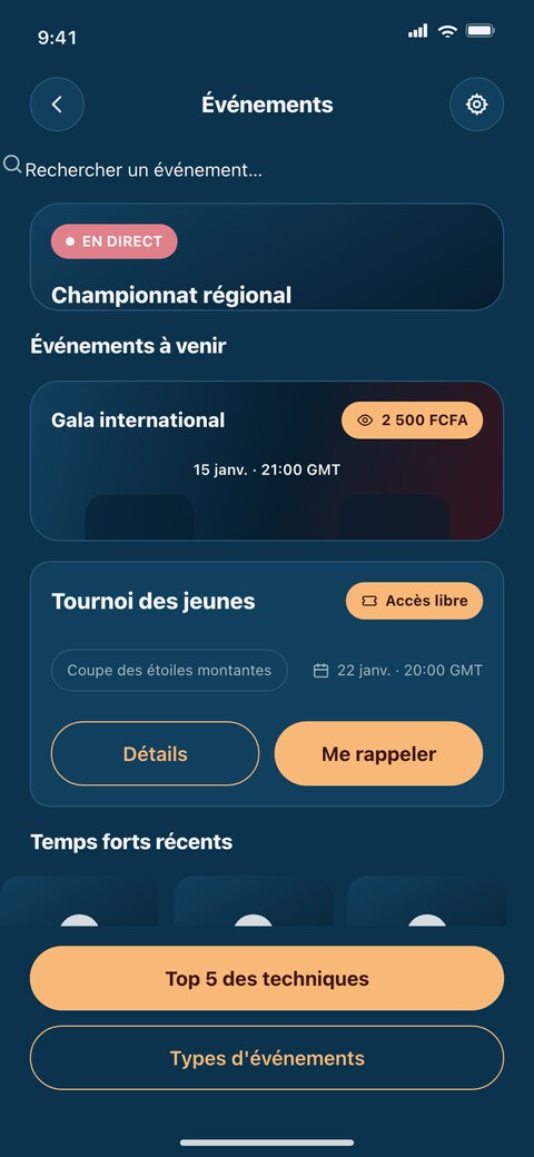 Écran des événements : championnat en direct, gala international et tournoi des jeunes