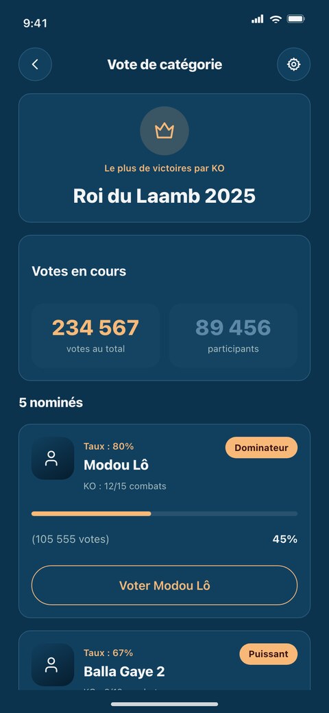 Écran de vote pour le Roi du Laamb 2025 avec les nommés et leurs scores